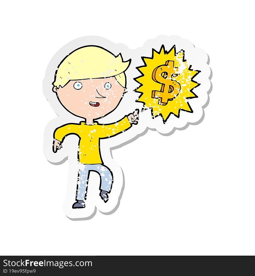 retro distressed sticker of a cartoon man with money idea