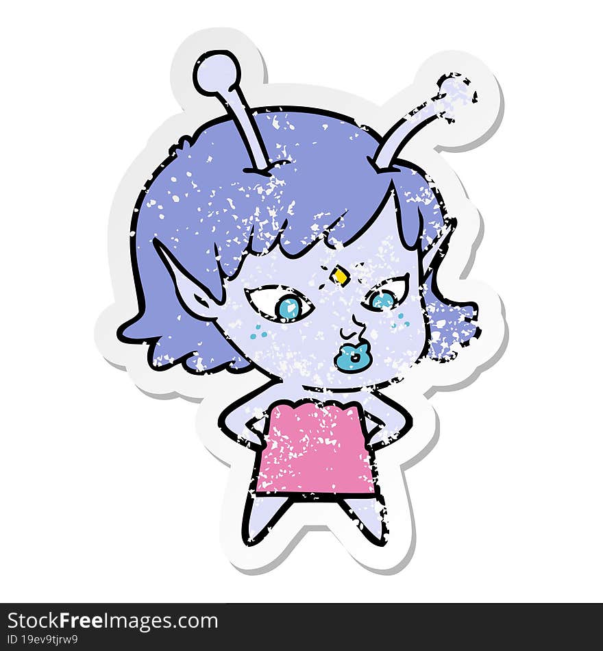 Distressed Sticker Of A Pretty Cartoon Alien Girl