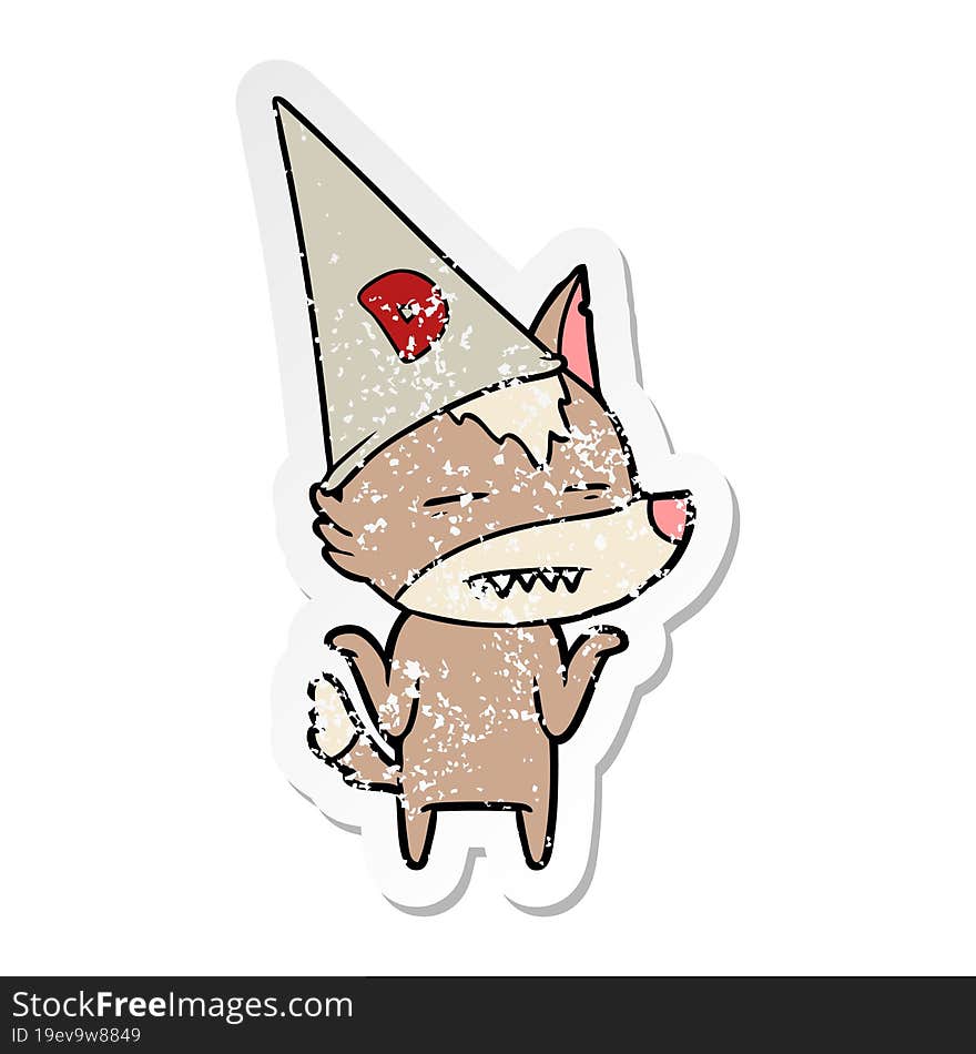 distressed sticker of a cartoon wolf wearing dunce hat