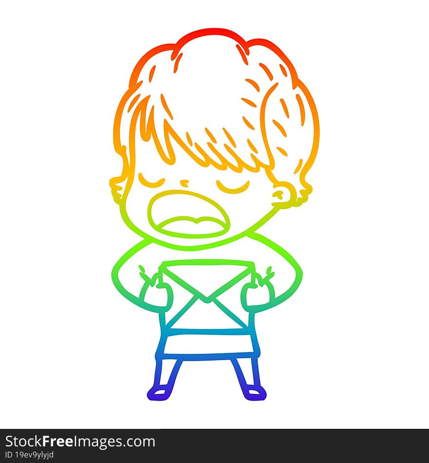 rainbow gradient line drawing of a cartoon woman talking