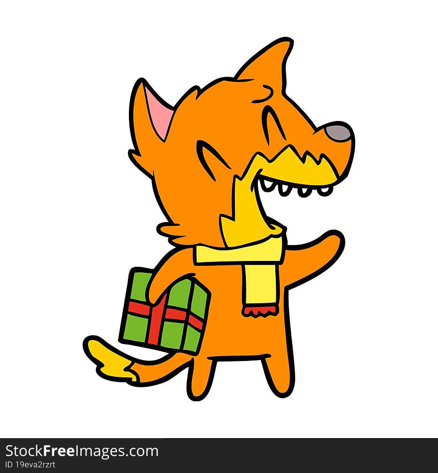 fox cartoon character with present. fox cartoon character with present