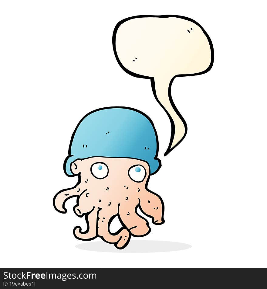 cartoon alien head wearing hat with speech bubble