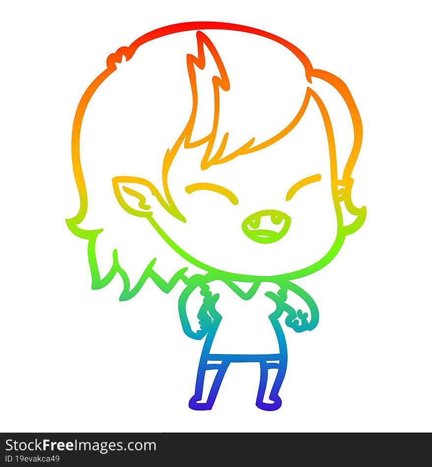 rainbow gradient line drawing of a cartoon laughing vampire girl