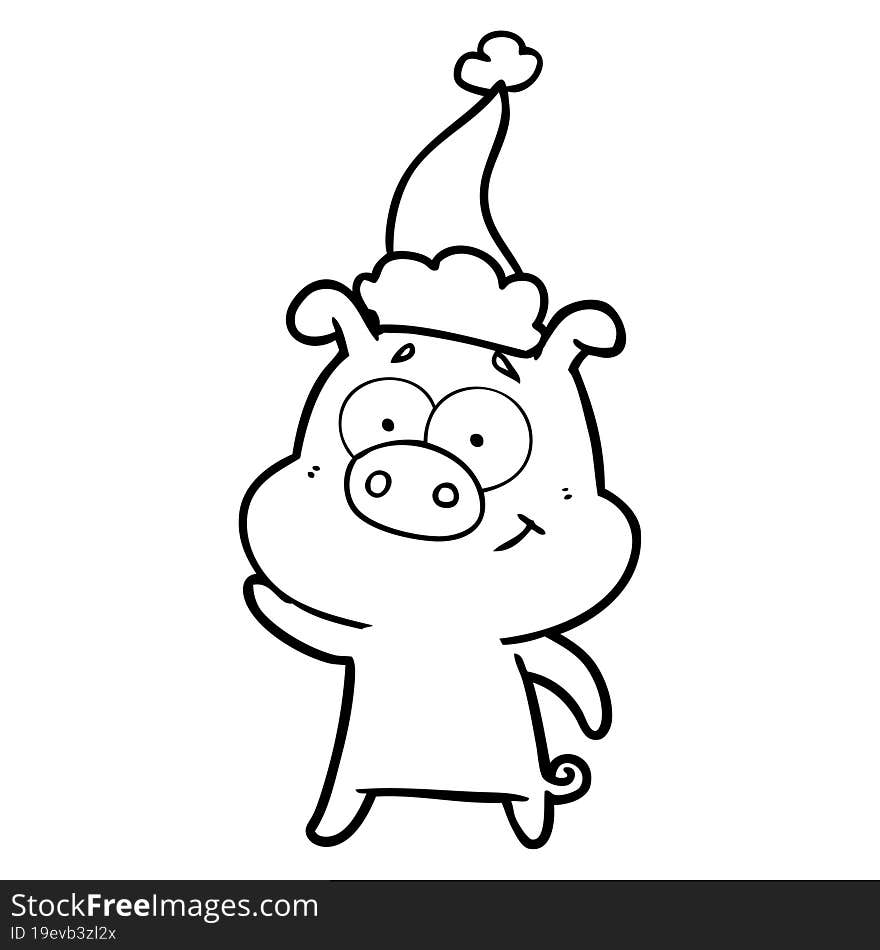 happy line drawing of a pig wearing santa hat