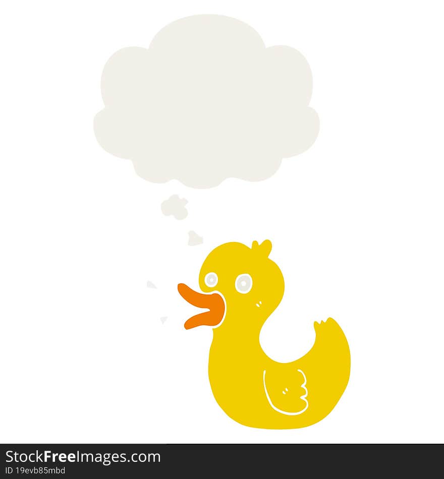 cartoon quacking duck and thought bubble in retro style