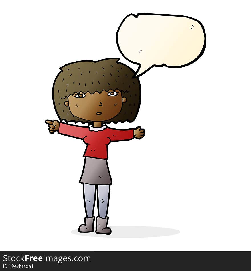 cartoon girl pointing with speech bubble