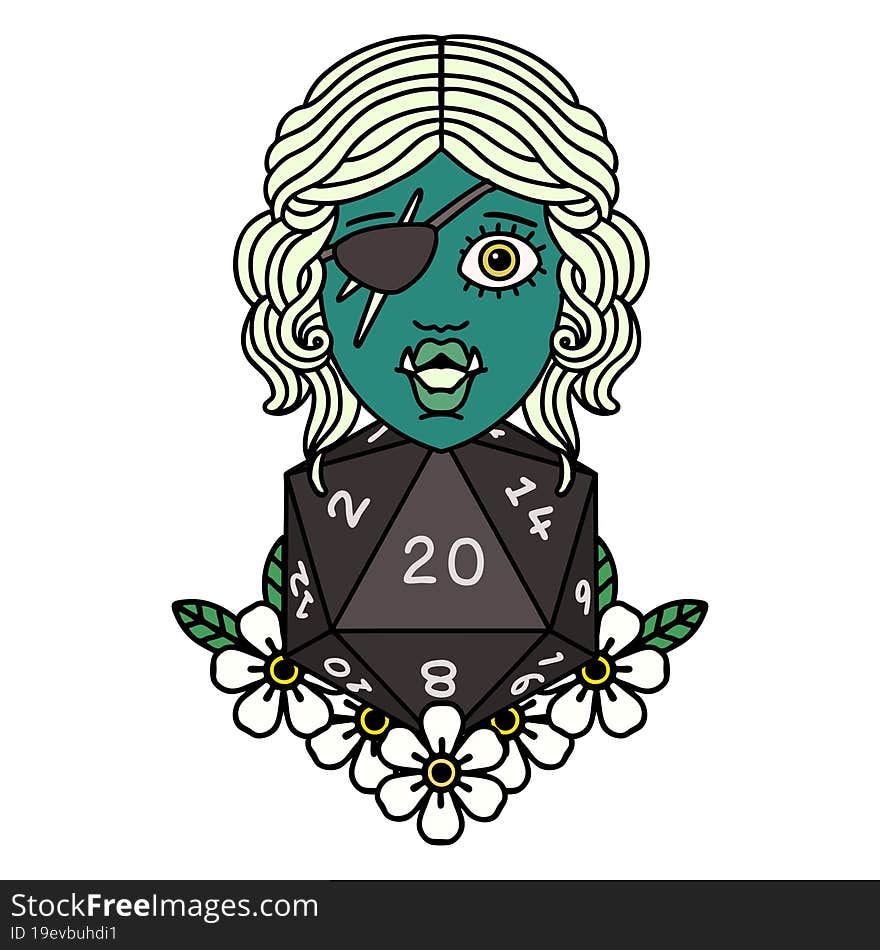 Retro Tattoo Style half orc rogue with natural twenty dice roll. Retro Tattoo Style half orc rogue with natural twenty dice roll