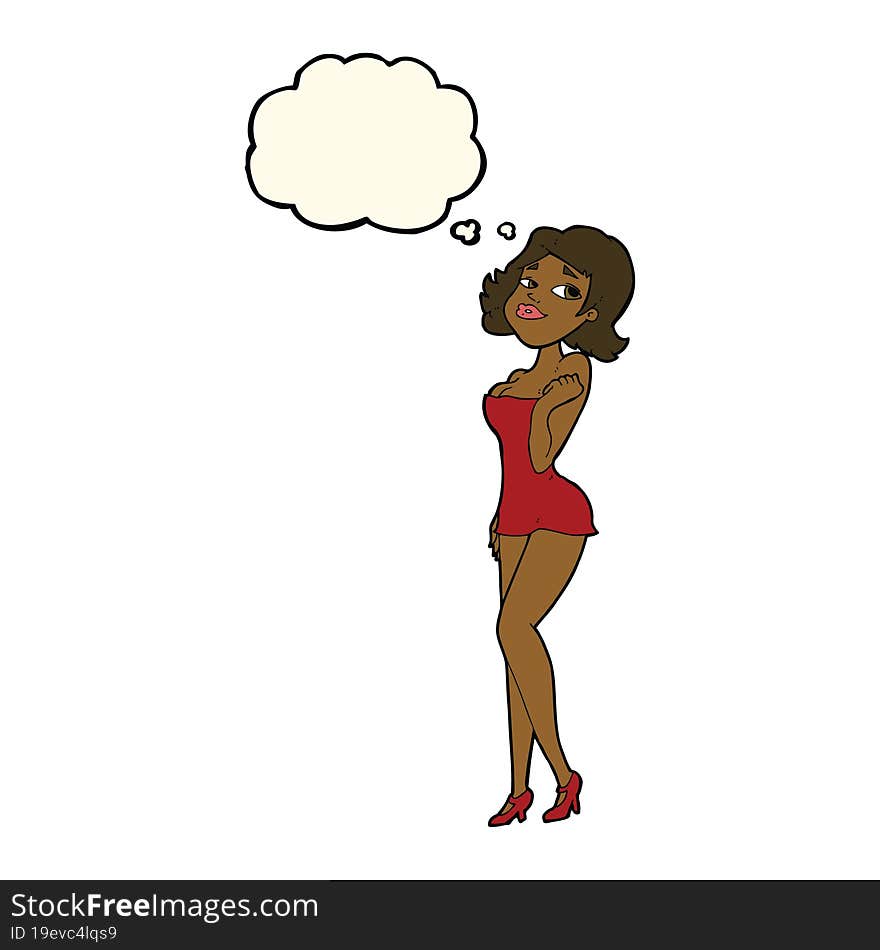 cartoon attractive woman in short dress with thought bubble