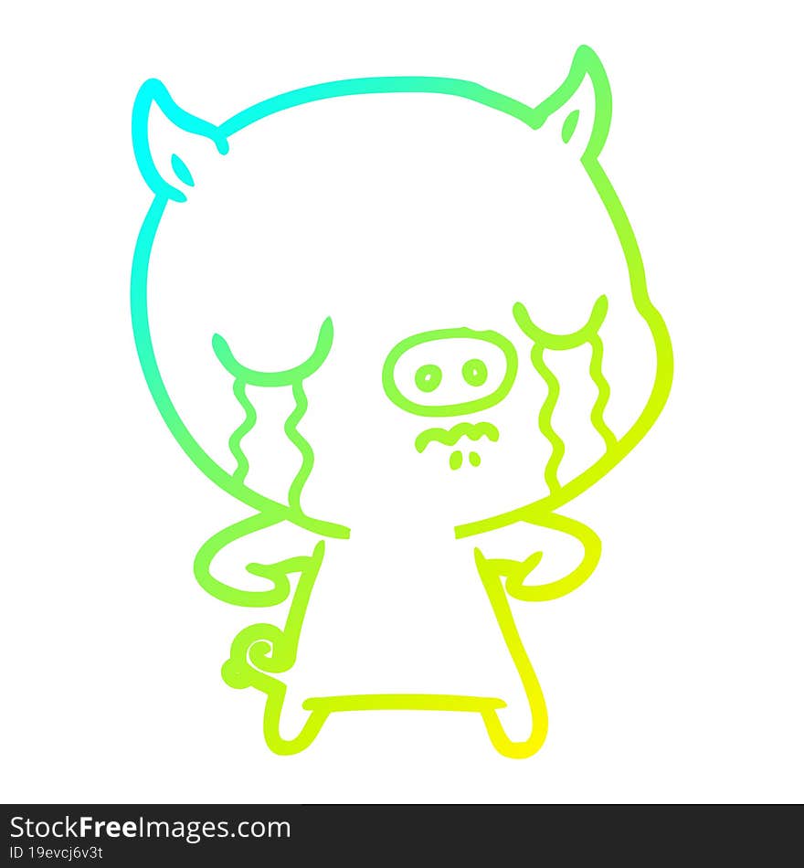 cold gradient line drawing of a cartoon pig crying