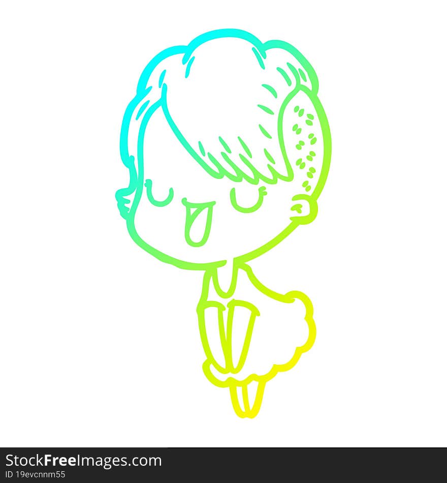 cold gradient line drawing of a cute cartoon girl with hipster haircut