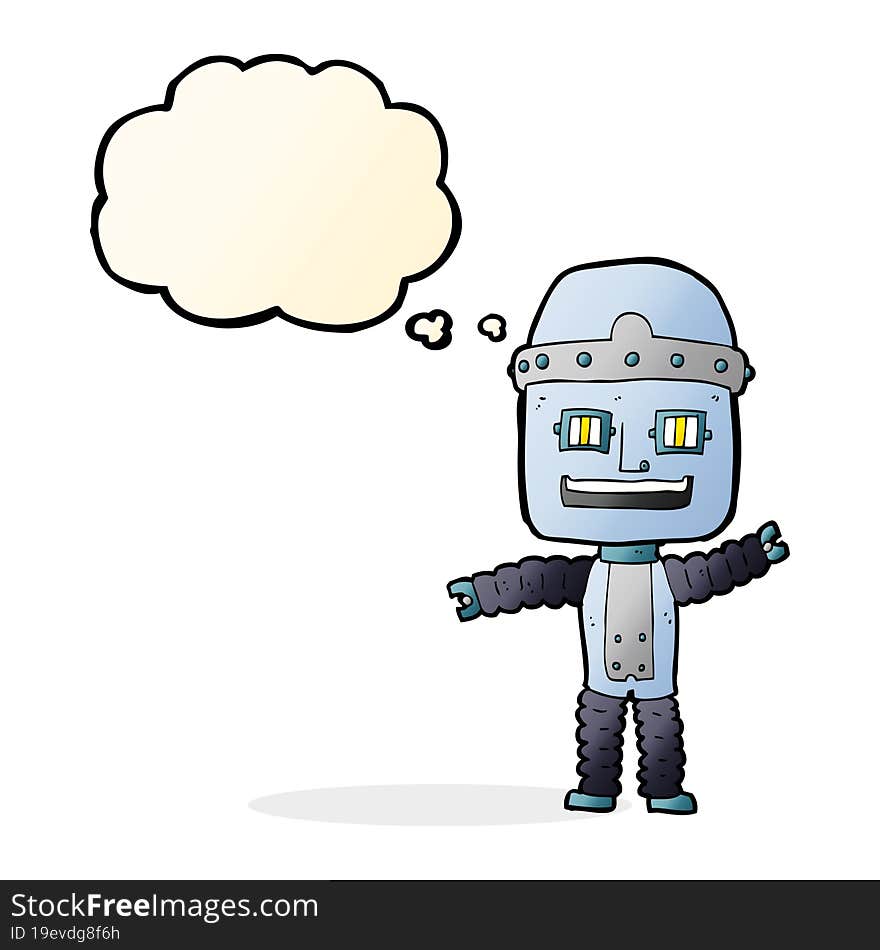 cartoon waving robot with thought bubble