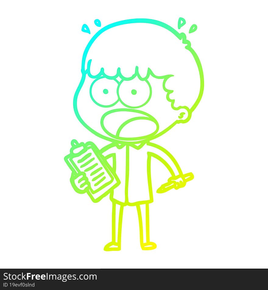 Cold Gradient Line Drawing Cartoon Shocked Man With Clipboard And Pen