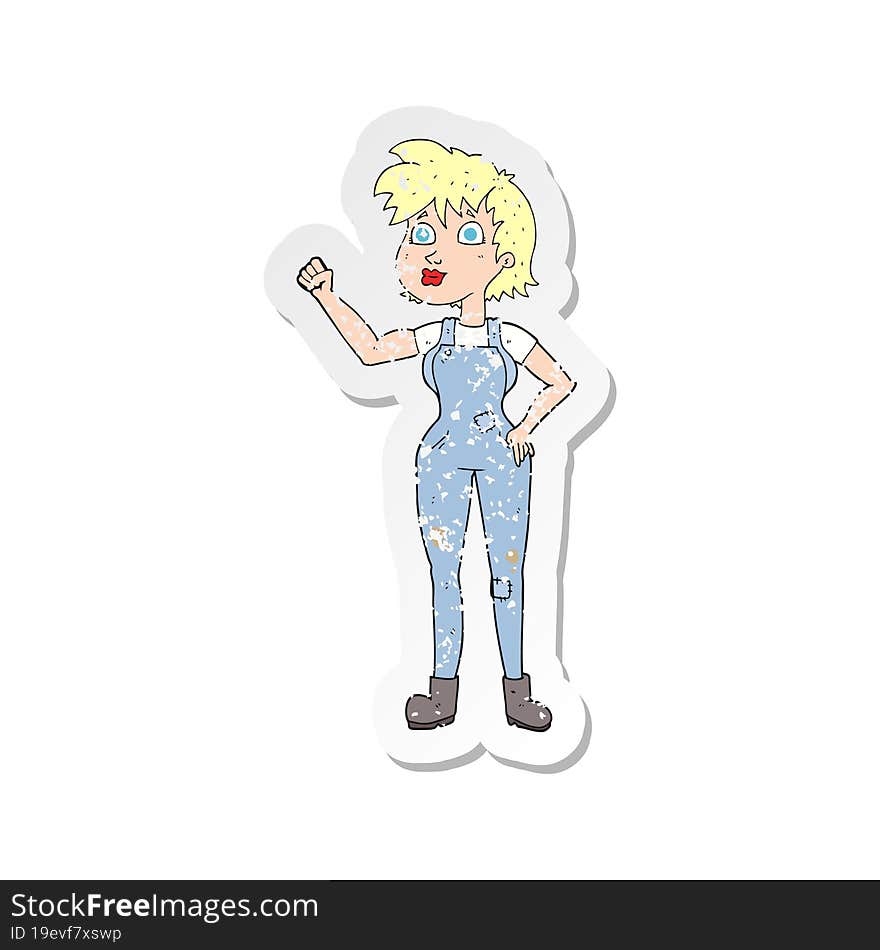 retro distressed sticker of a cartoon confident farmer woman