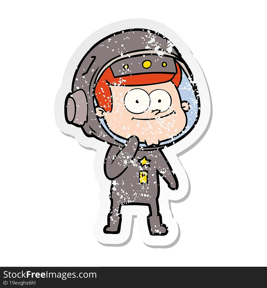 distressed sticker of a happy astronaut cartoon