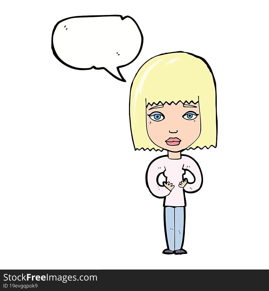 cartoon woman indicating self with speech bubble