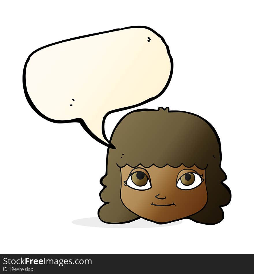 cartoon happy female face with speech bubble