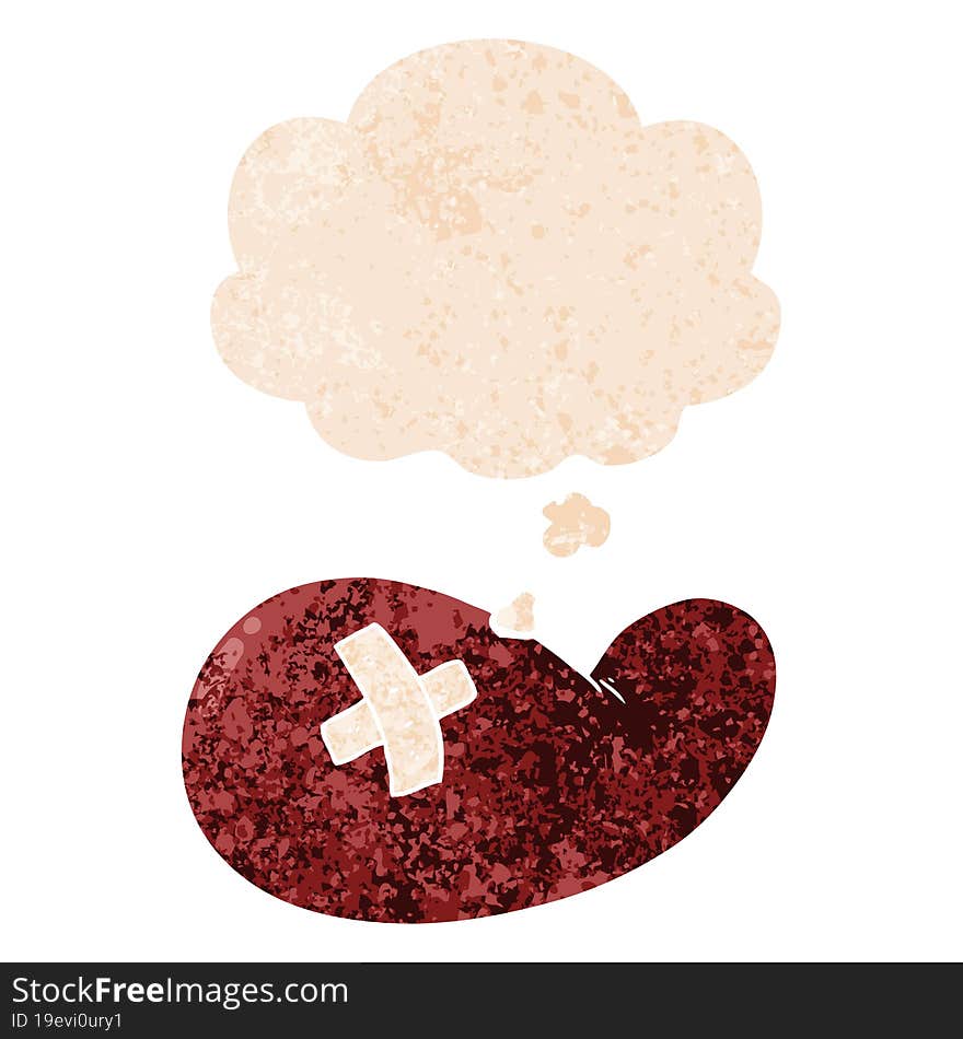 cartoon injured gall bladder and thought bubble in retro textured style