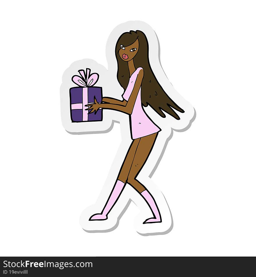 sticker of a cartoon fashion girl with present