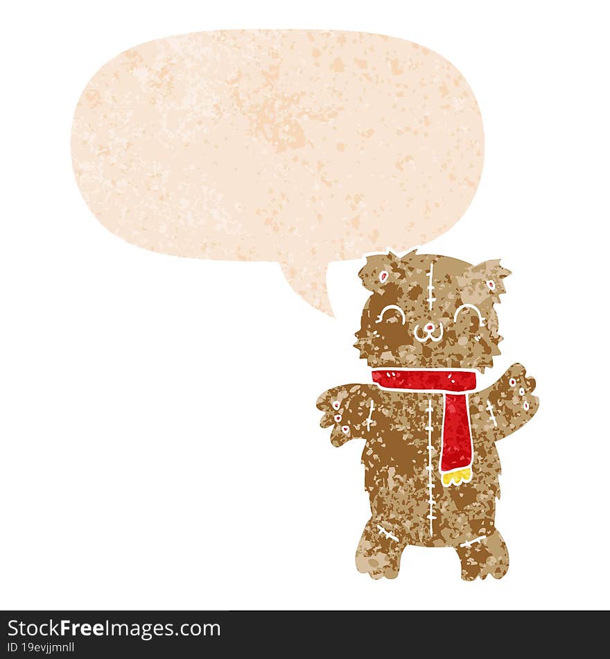 cartoon teddy bear and speech bubble in retro textured style