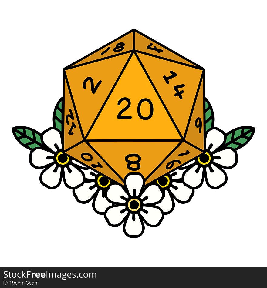 Natural 20 D20 Dice Roll With Floral Elements Illustration