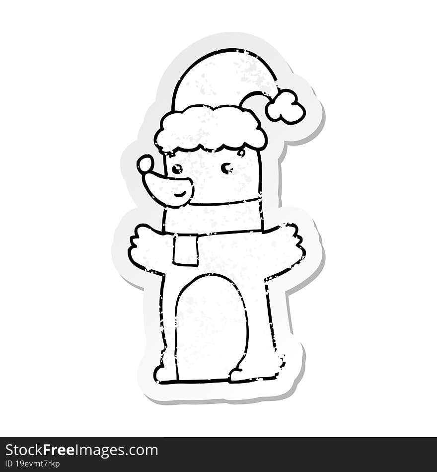 Distressed Sticker Of A Cartoon Bear Wearing Christmas Hat