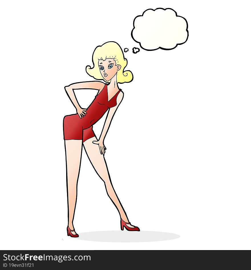 cartoon model woman posing with thought bubble