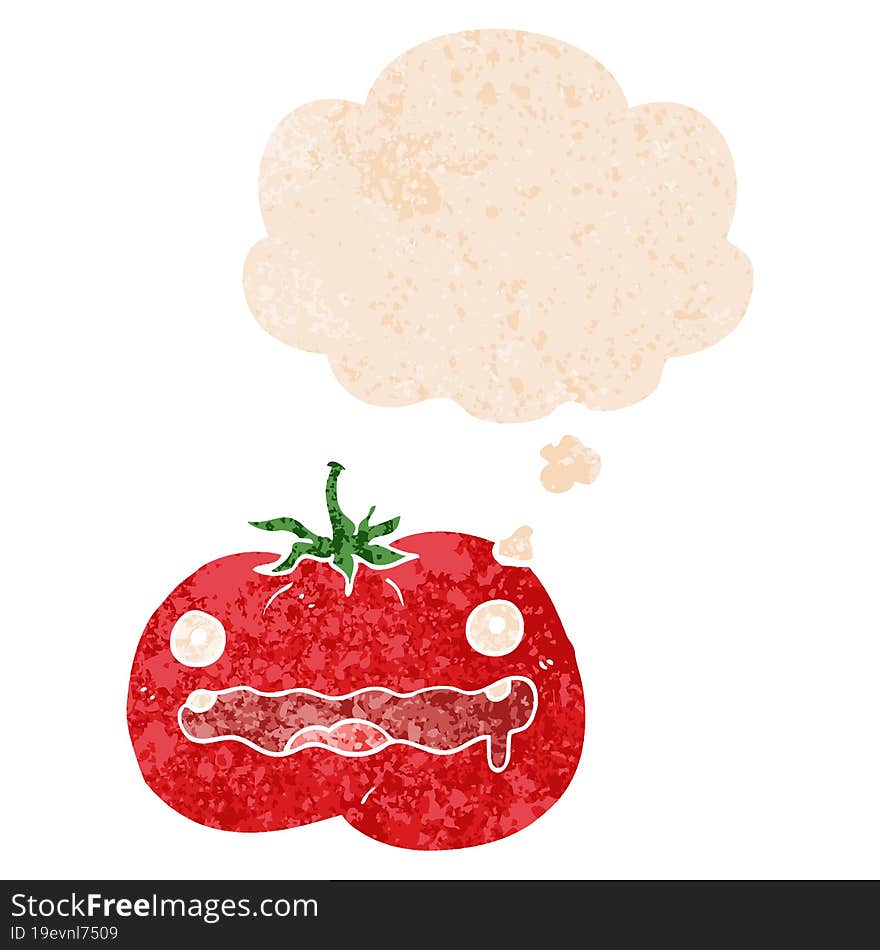 Cartoon Tomato And Thought Bubble In Retro Textured Style