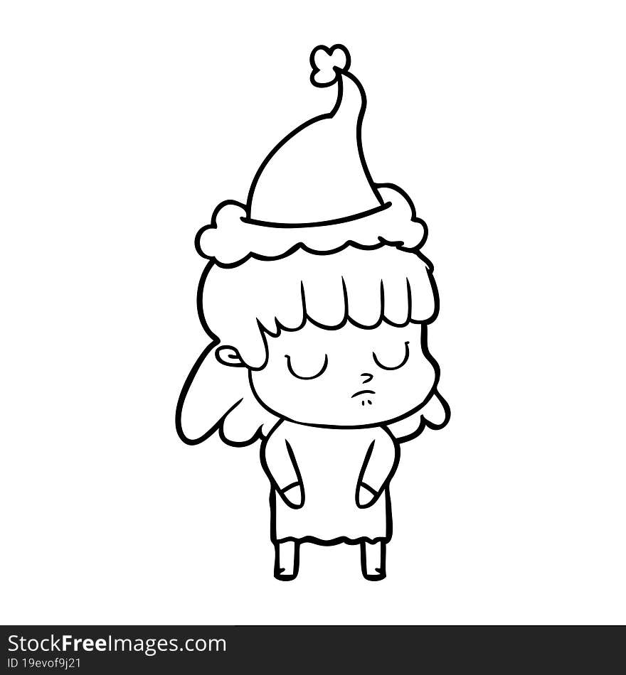 line drawing of a indifferent woman wearing santa hat