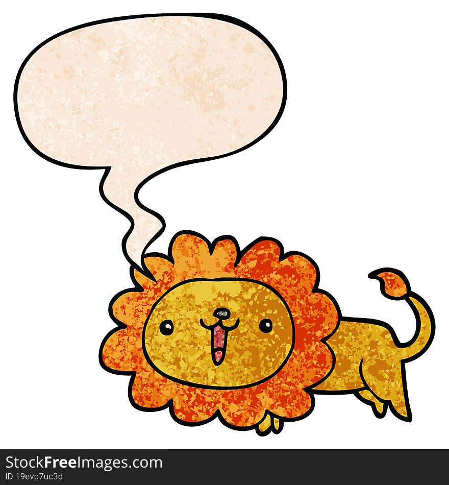 cute cartoon lion and speech bubble in retro texture style