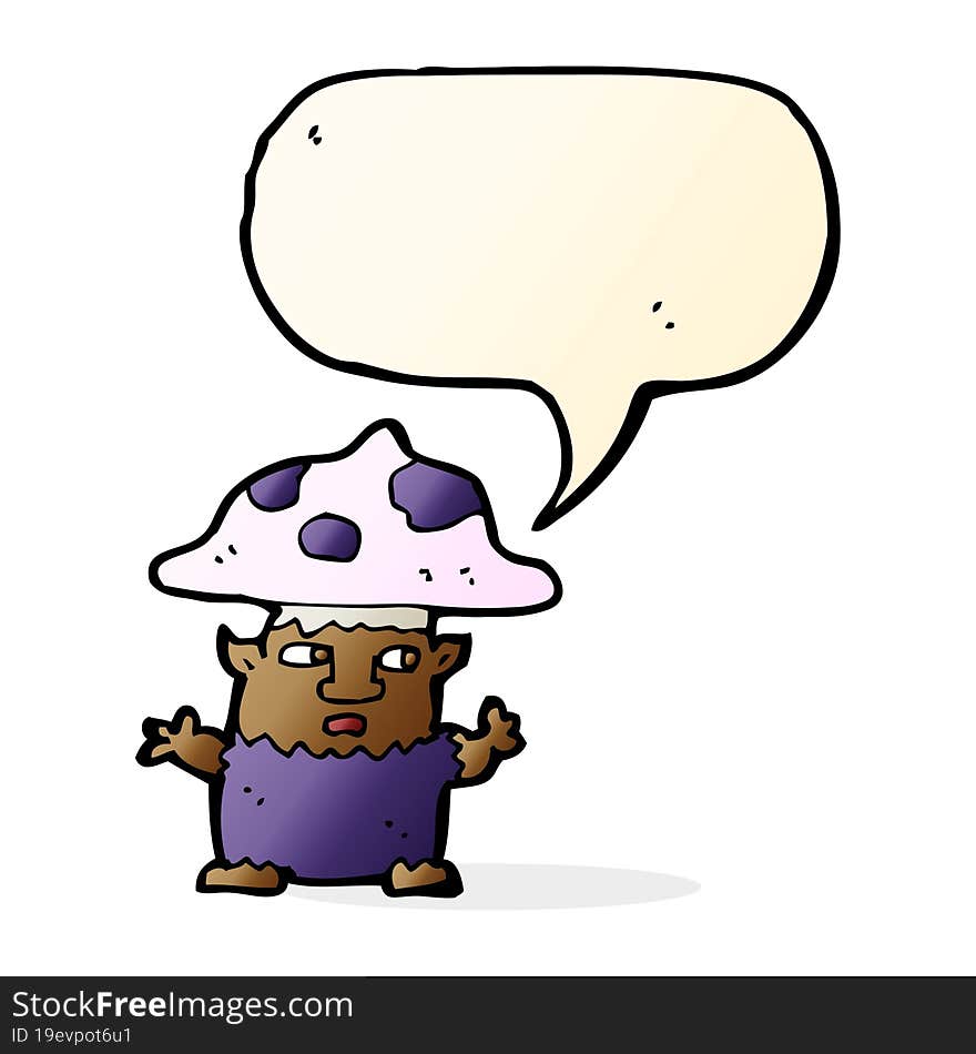 cartoon little mushroom man with speech bubble