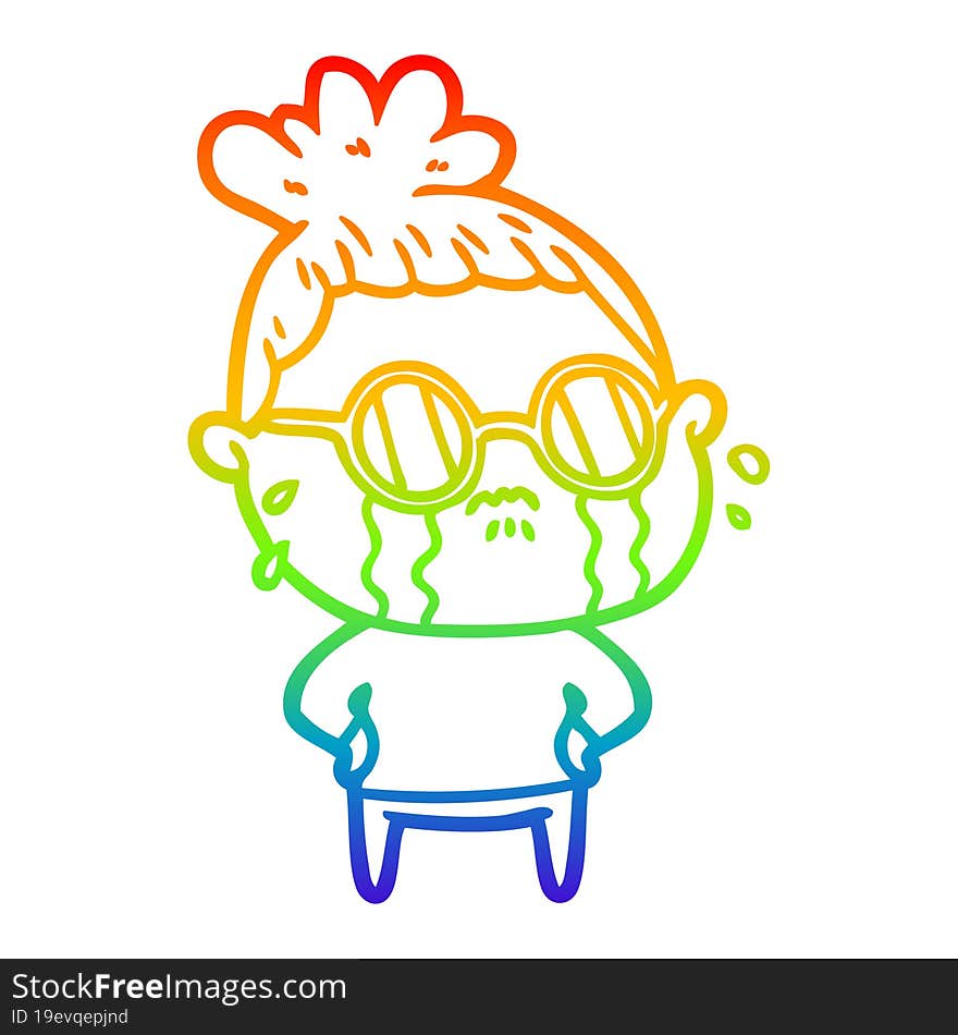 Rainbow Gradient Line Drawing Cartoon Crying Woman Wearing Sunglasses