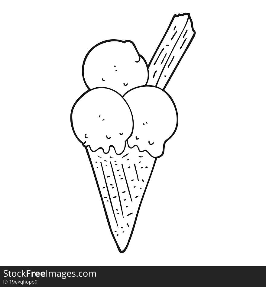 freehand drawn black and white cartoon ice cream cone