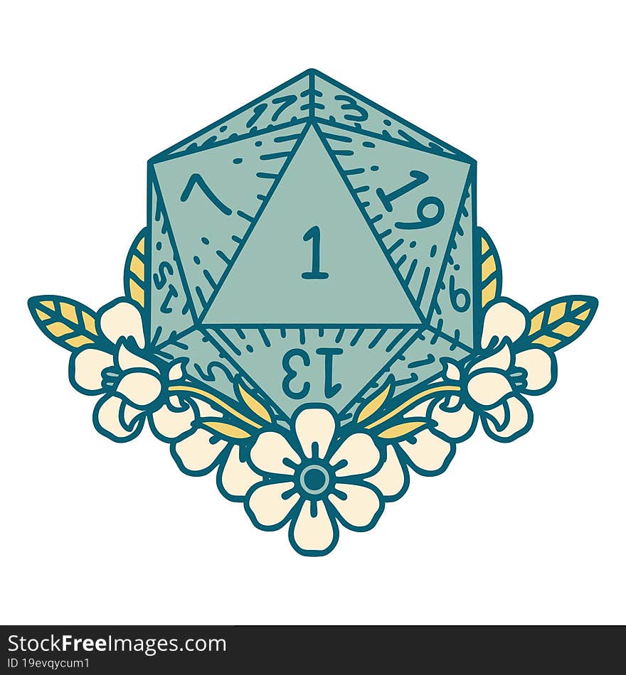 natural one dice roll with floral elements illustration