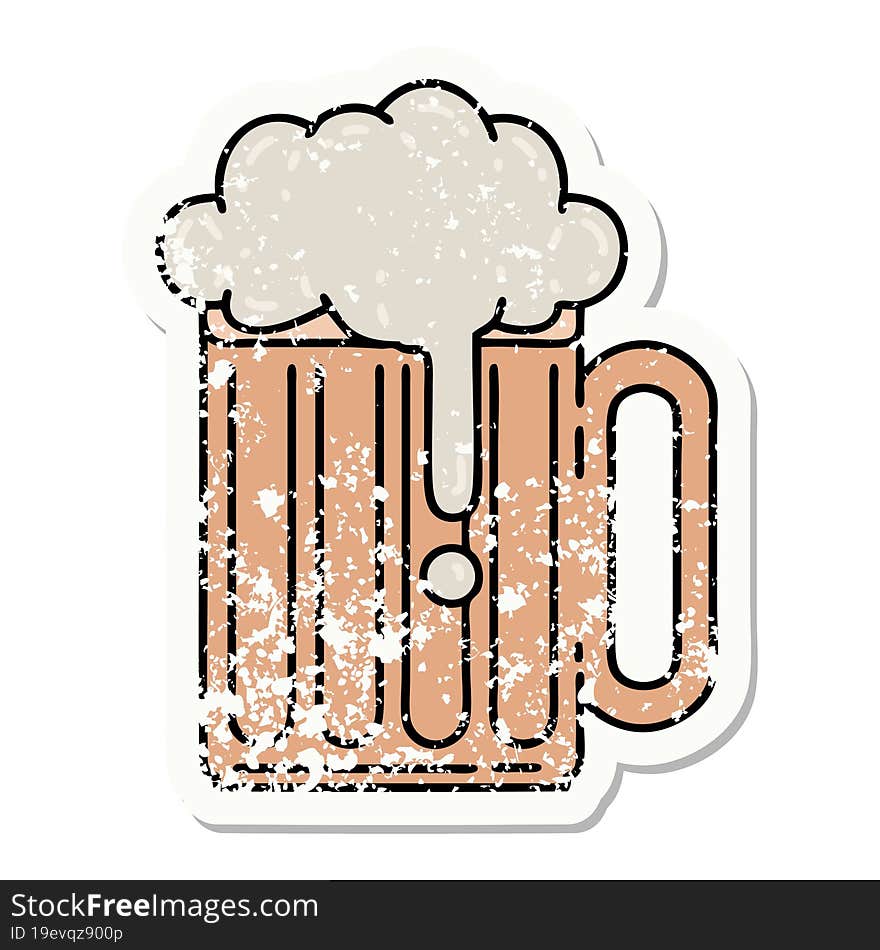 Traditional Distressed Sticker Tattoo Of A Beer Tankard