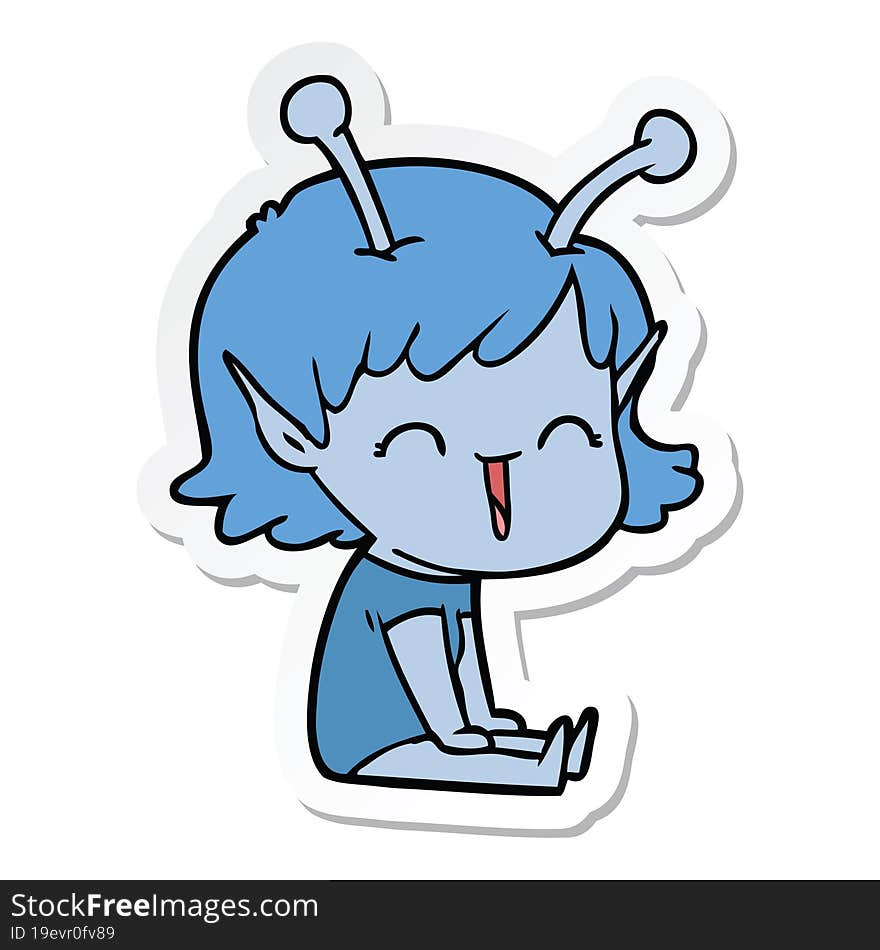 sticker of a cartoon alien girl laughing