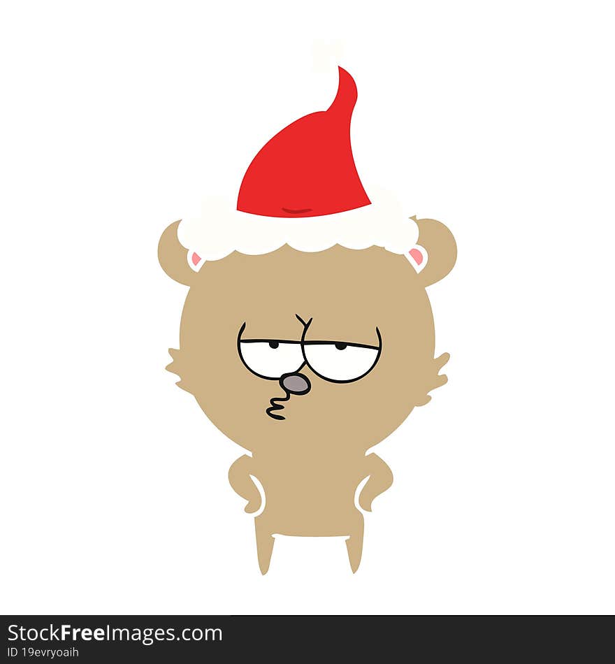 bored bear flat color illustration of a wearing santa hat