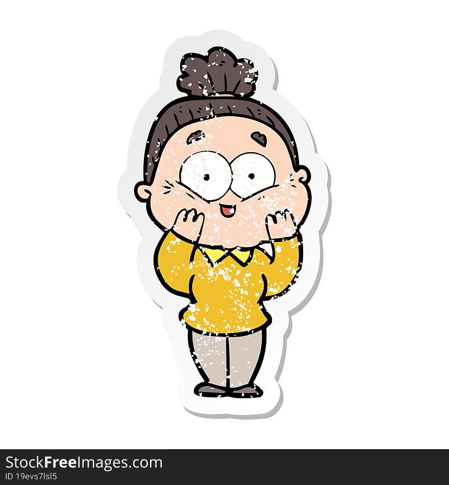 distressed sticker of a cartoon happy old woman