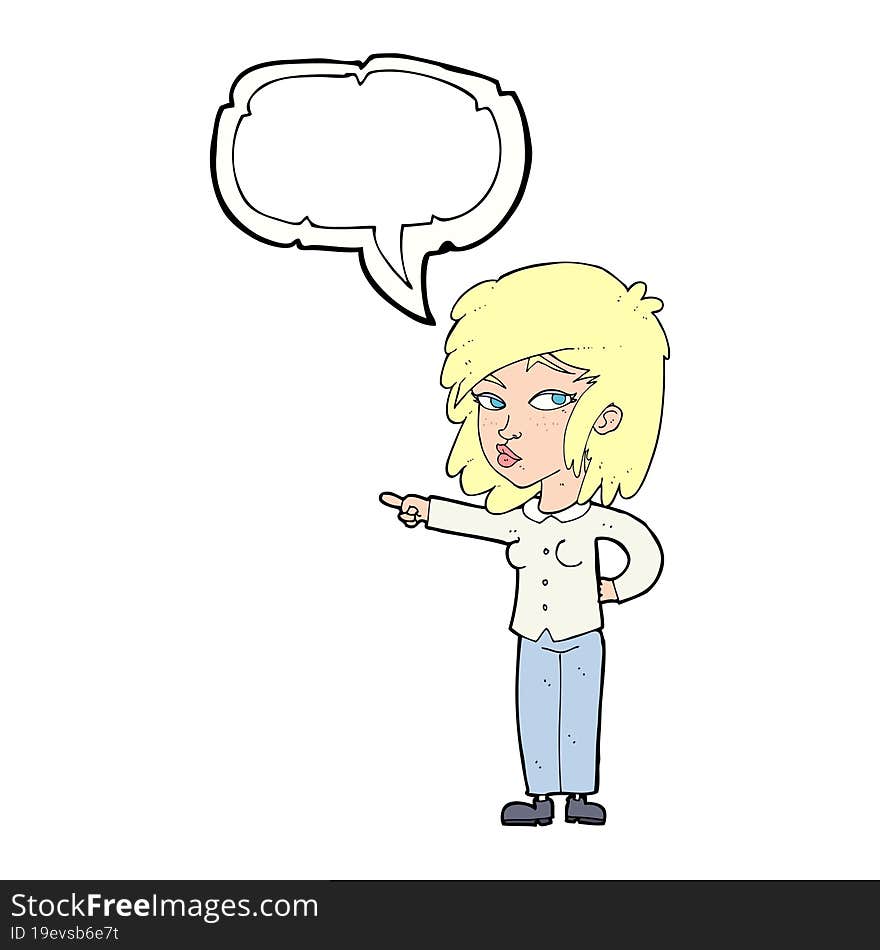 cartoon woman pointing with speech bubble