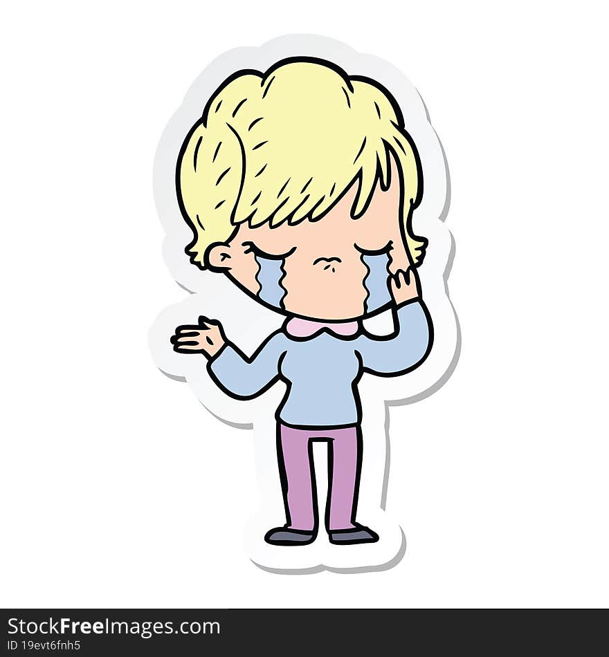 sticker of a cartoon woman crying