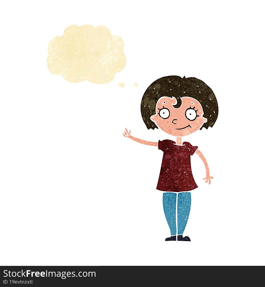 cartoon happy woman pointing with thought bubble