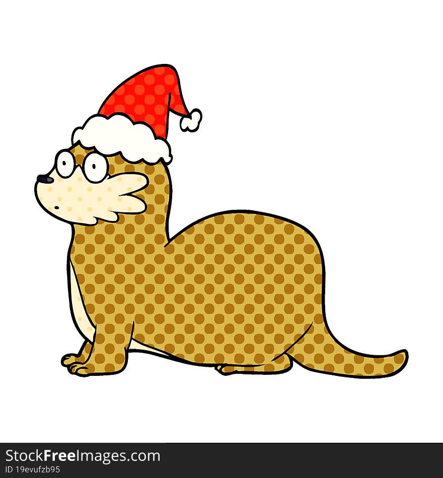 comic book style illustration of a otter wearing santa hat