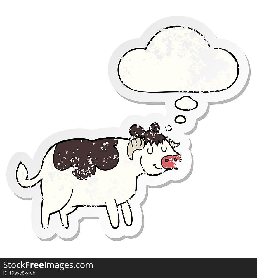 cartoon cow with thought bubble as a distressed worn sticker