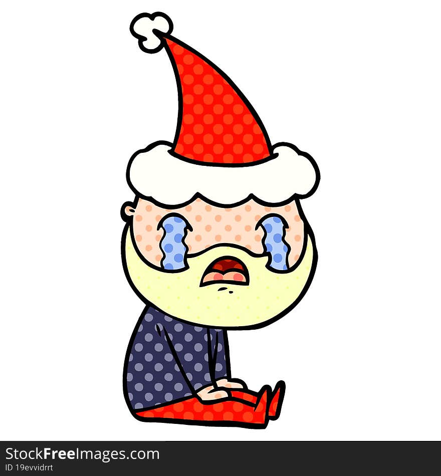 comic book style illustration of a bearded man crying wearing santa hat