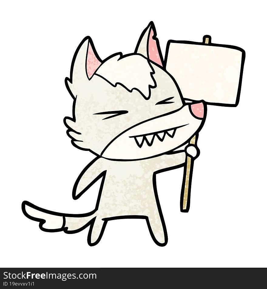 angry wolf cartoon with placard. angry wolf cartoon with placard