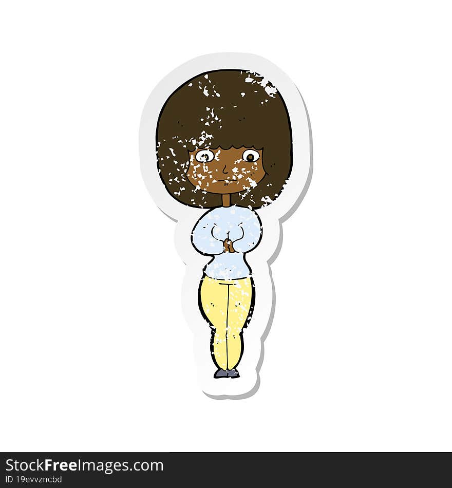 retro distressed sticker of a cartoon shy woman