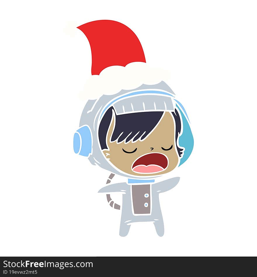 flat color illustration of a talking astronaut woman wearing santa hat