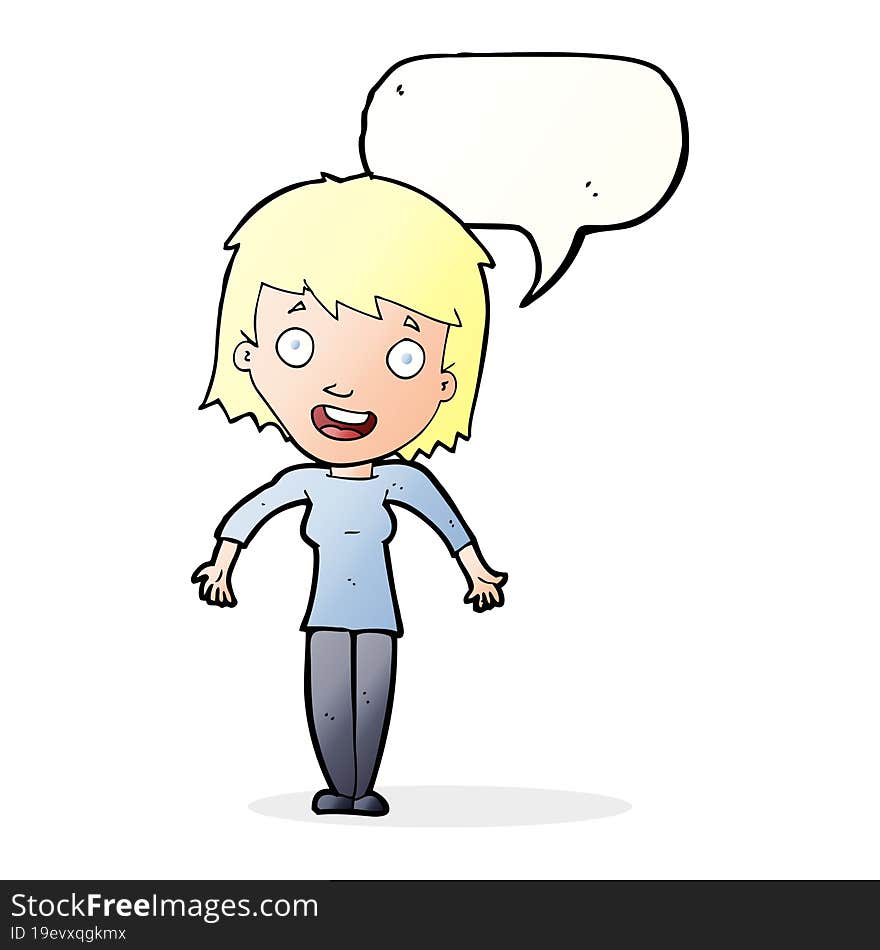 cartoon woman shrugging shoulders with speech bubble