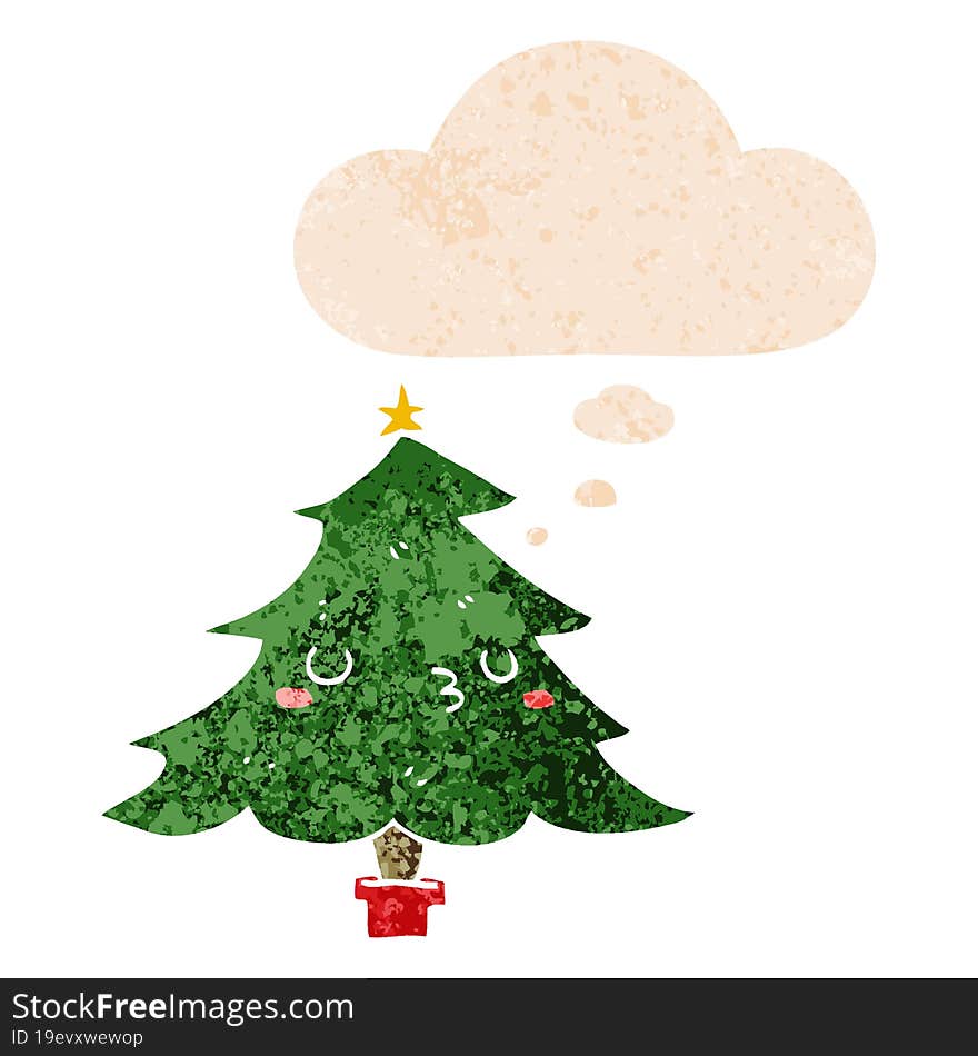 cute cartoon christmas tree and thought bubble in retro textured style