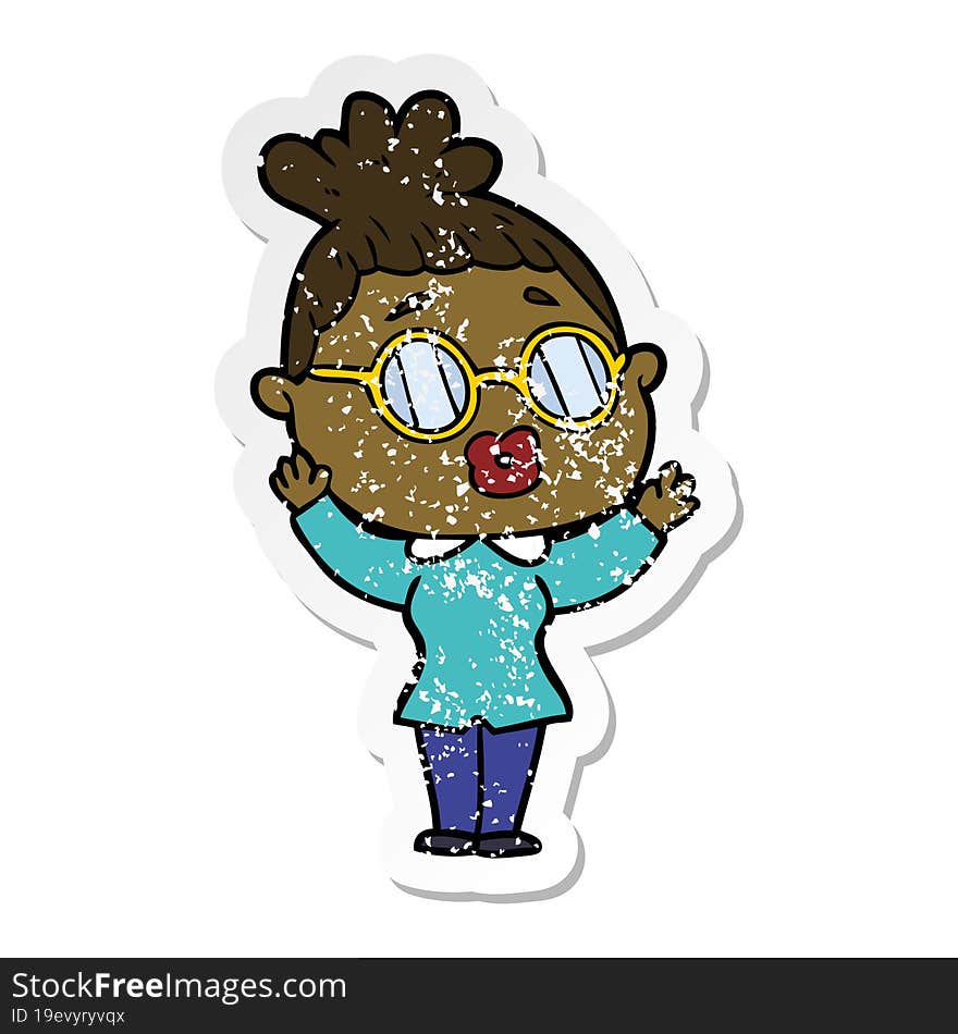 distressed sticker of a cartoon woman wearing spectacles