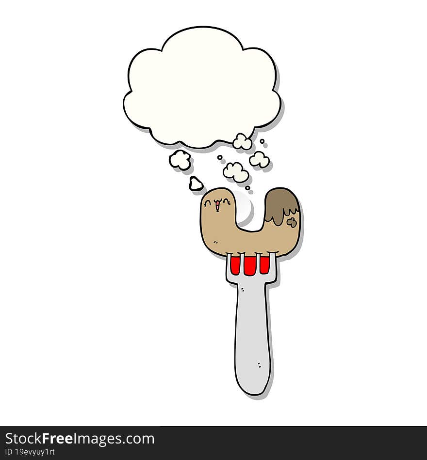 cartoon sausage on fork and thought bubble as a printed sticker